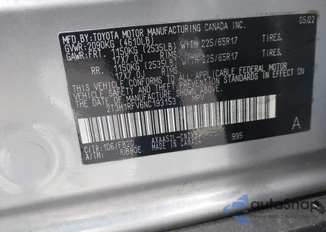 2022 Toyota Rav4 Le из США, поврежденный, VIN 2T3H1RFV6NC193153